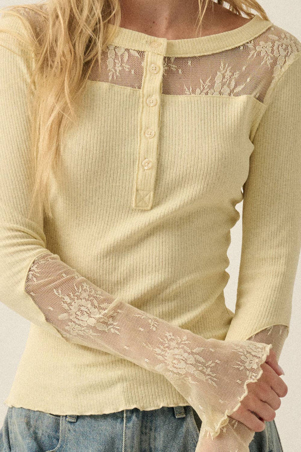 Ribbed Knit and Lace Henley Top