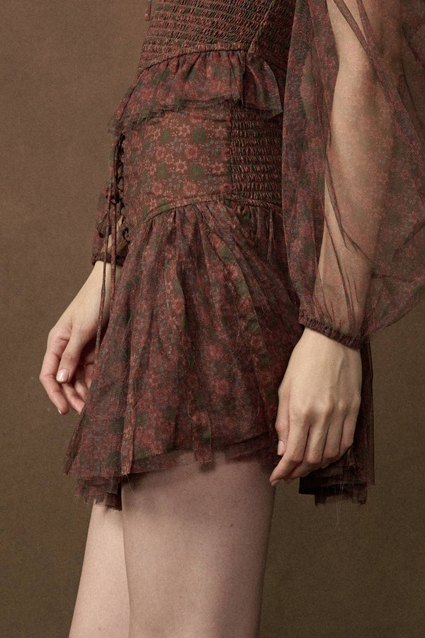 Floral-Print Layered Tulle Mini Skort
