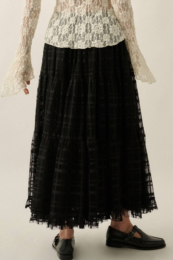 Plaid Tulle Tiered Ruffle Maxi Skirt