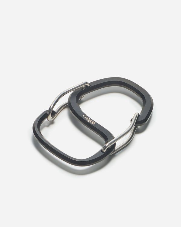Black carabiner on a white background