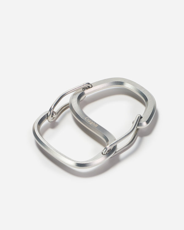 Silver carabiner on a white background