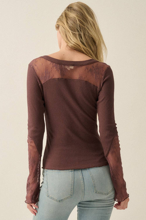 Ribbed Knit and Lace Henley Top