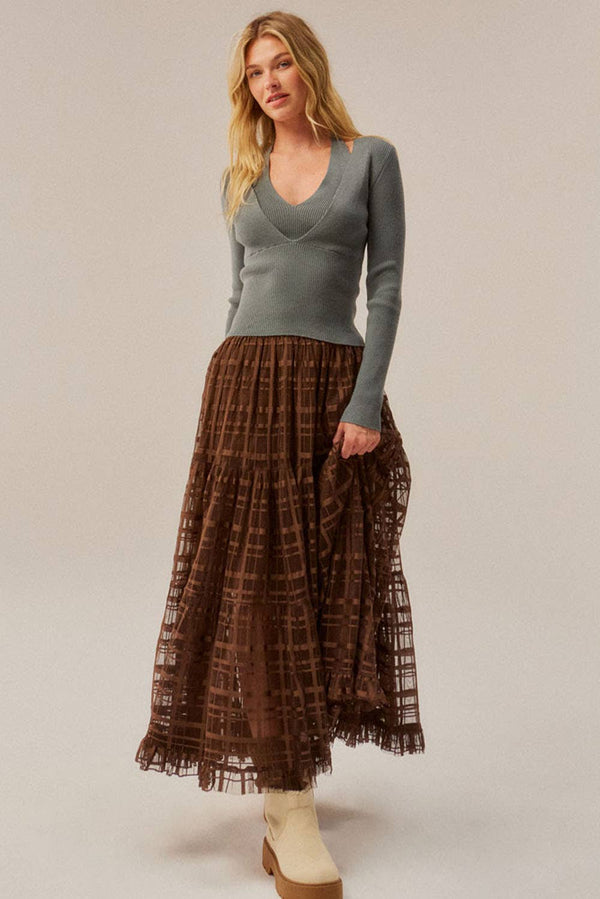 Plaid Tulle Tiered Ruffle Maxi Skirt