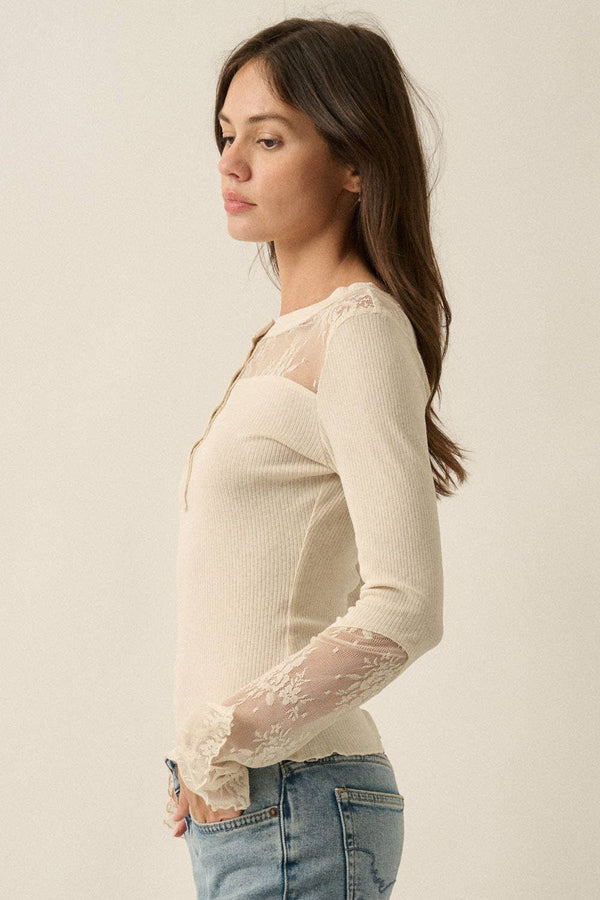 Ribbed Knit and Lace Henley Top