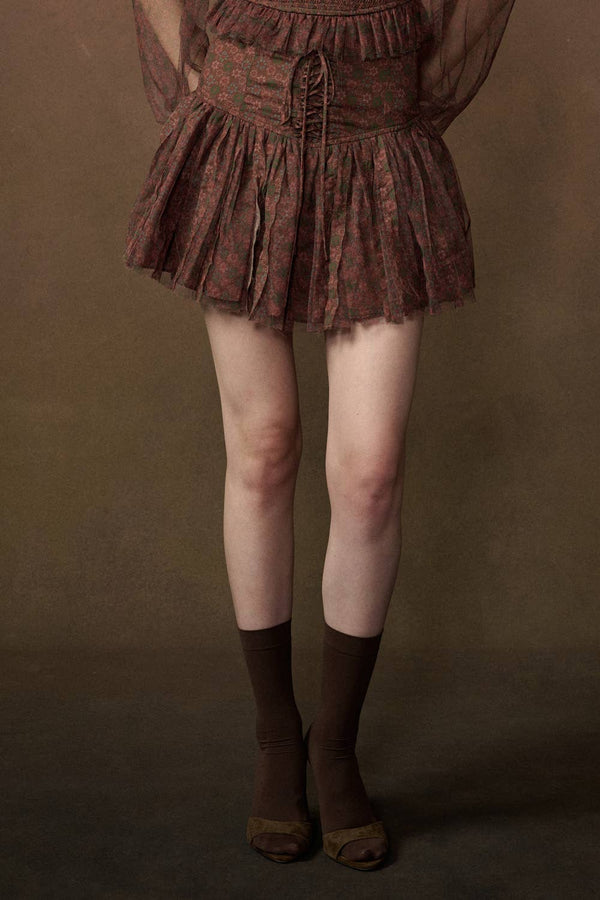 Floral-Print Layered Tulle Mini Skort