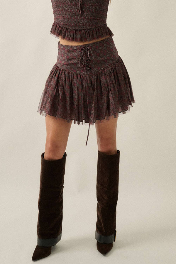 Floral-Print Layered Tulle Mini Skort
