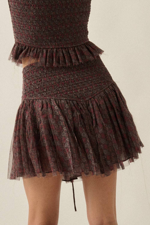 Floral-Print Layered Tulle Mini Skort