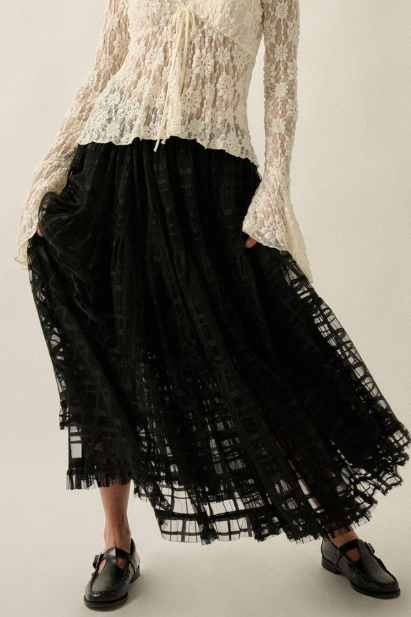 Plaid Tulle Tiered Ruffle Maxi Skirt