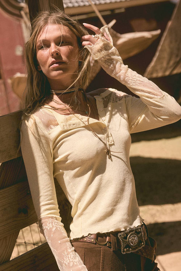 Ribbed Knit and Lace Henley Top