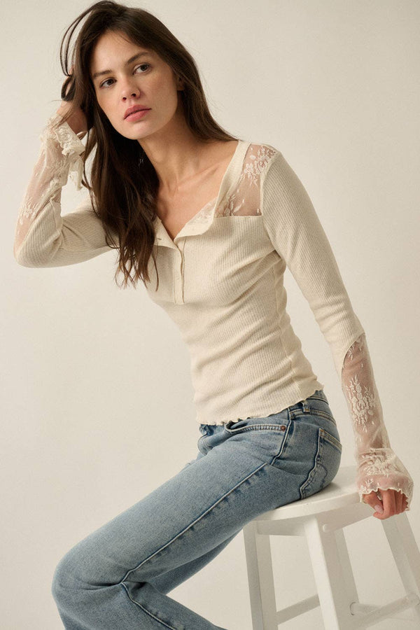 Ribbed Knit and Lace Henley Top