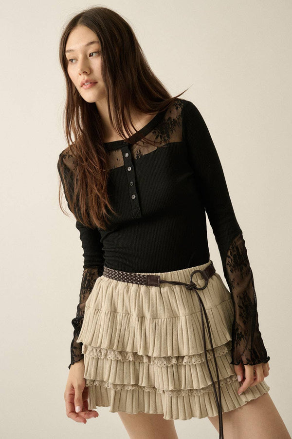 Ribbed Knit and Lace Henley Top