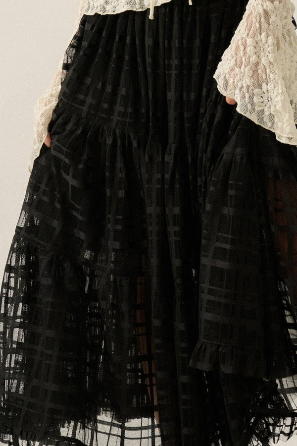 Plaid Tulle Tiered Ruffle Maxi Skirt