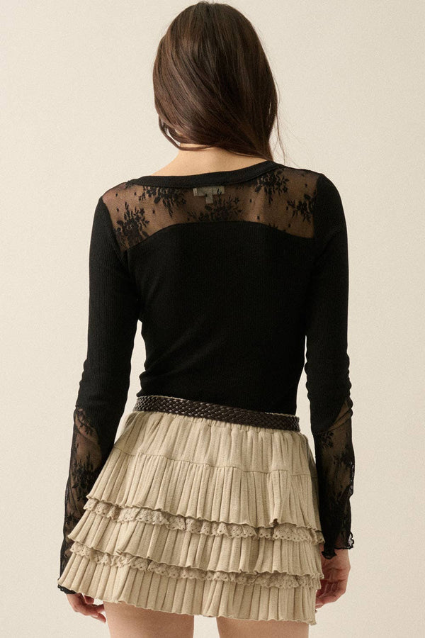 Ribbed Knit and Lace Henley Top