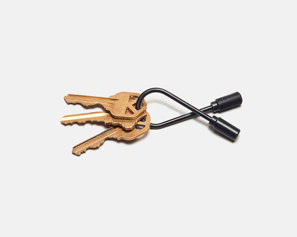 Set of keys attached to a keychain with a tool on a white background