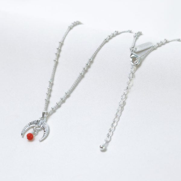 Silver necklace with a red pendant on a white background