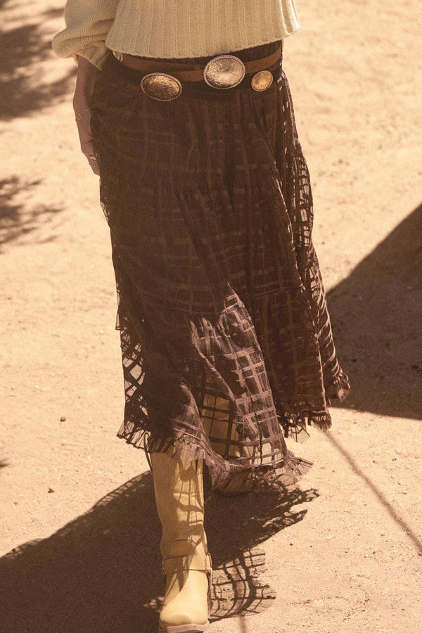 Plaid Tulle Tiered Ruffle Maxi Skirt