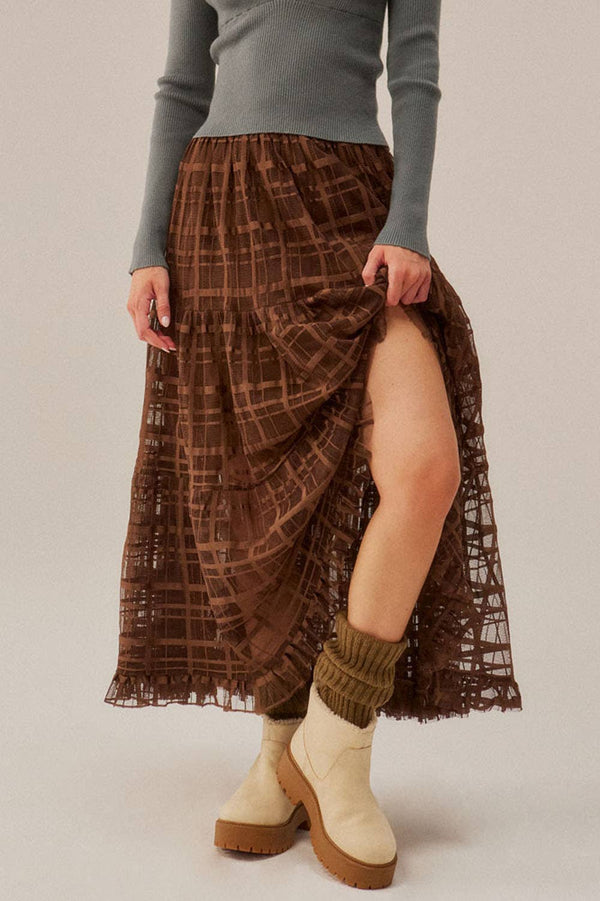 Plaid Tulle Tiered Ruffle Maxi Skirt