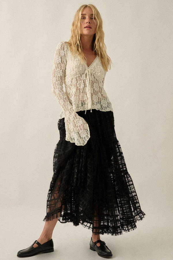 Plaid Tulle Tiered Ruffle Maxi Skirt