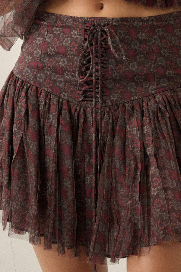 Floral-Print Layered Tulle Mini Skort