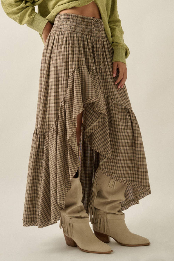 Plaid Asymmetrical Maxi Skirt