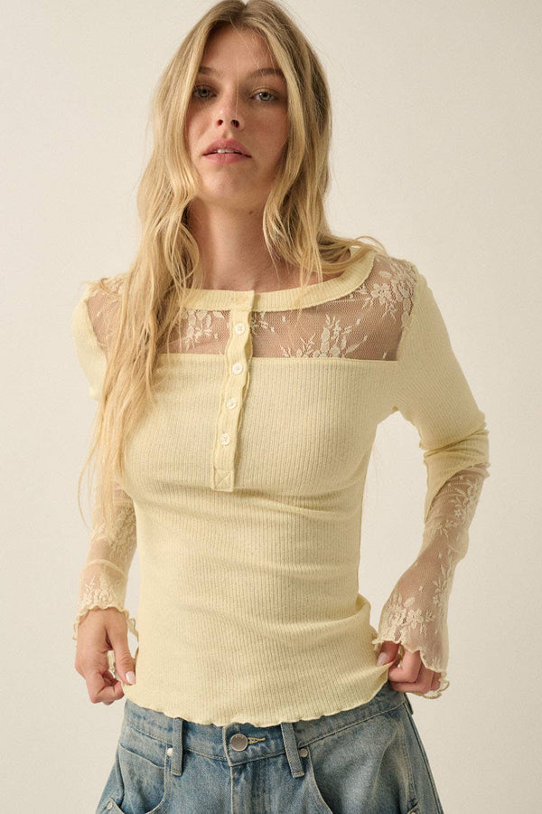 Ribbed Knit and Lace Henley Top