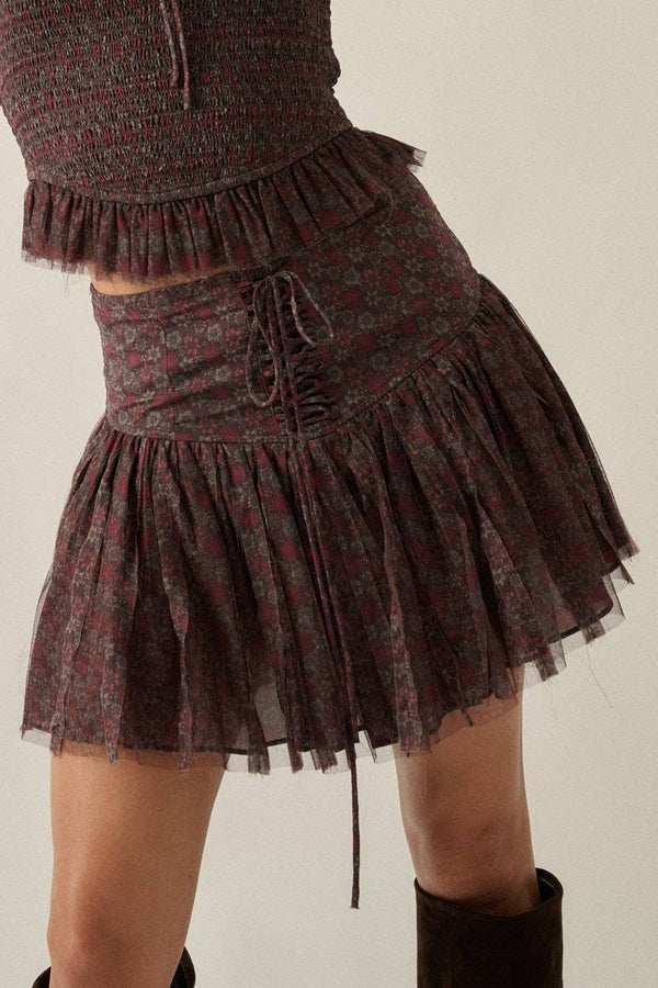 Floral-Print Layered Tulle Mini Skort