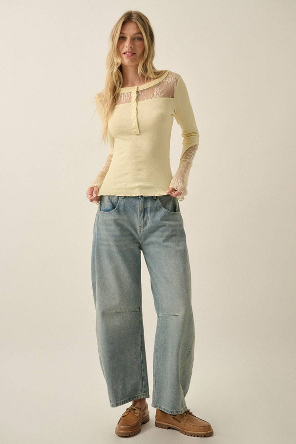 Ribbed Knit and Lace Henley Top