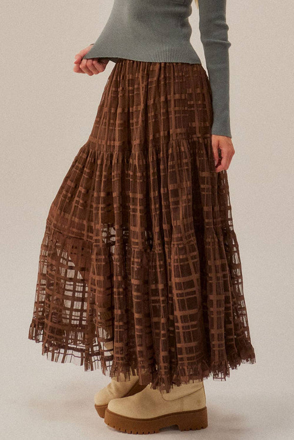 Plaid Tulle Tiered Ruffle Maxi Skirt