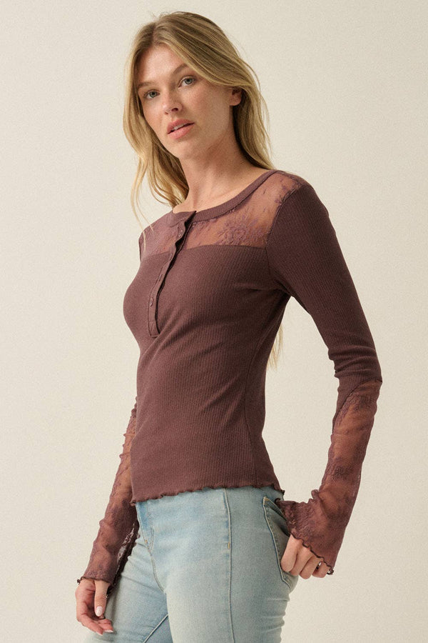 Ribbed Knit and Lace Henley Top